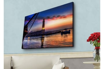 Canvastavla med LED-belysning - Vacker solnedgång över en hamn med en fyr och båtar - Mörkblå / Orange / Lila - Inredning - Tavlor & posters - Canvastavla