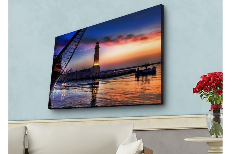Canvastavla med LED-belysning - Vacker solnedgång över en hamn med en fyr och båtar - Mörkblå / Orange / Lila - Inredning - Tavlor & posters - Canvastavla