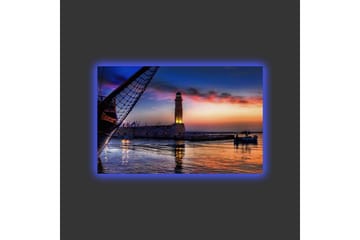 Canvastavla med LED-belysning - Vacker solnedgång över en hamn med en fyr och båtar - Mörkblå / Orange / Lila - Inredning - Tavlor & posters - Canvastavla