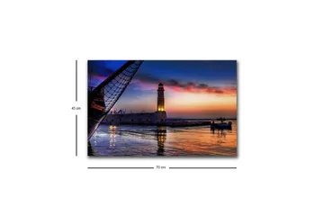 Canvastavla med LED-belysning - Vacker solnedgång över en hamn med en fyr och båtar - Mörkblå / Orange / Lila - Inredning - Tavlor & posters - Canvastavla