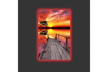 Canvastavla med LED-belysning - Vacker solnedgång över en stilla sjö med en träbrygga i förgrunden - Orange / Lila / Grön - Inredning - Tavlor & posters - Canvastavla