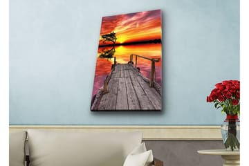 Canvastavla med LED-belysning - Vacker solnedgång över en stilla sjö med en träbrygga i förgrunden - Orange / Lila / Grön - Inredning - Tavlor & posters - Canvastavla