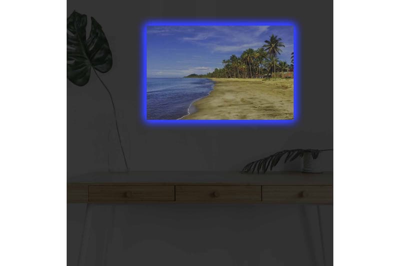 Canvastavla med LED-belysning - Vacker strand med palmer och klarblå himmel - Blå / Grön / Beige - Inredning - Tavlor & posters - Canvastavla