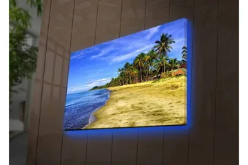 Canvastavla med LED-belysning - Vacker strand med palmer och klarblå himmel - Blå / Grön / Beige - Inredning - Tavlor & posters - Canvastavla