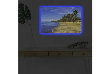 Canvastavla med LED-belysning - Vacker strand med palmer och klarblå himmel - Blå / Grön / Beige - Inredning - Tavlor & posters - Canvastavla