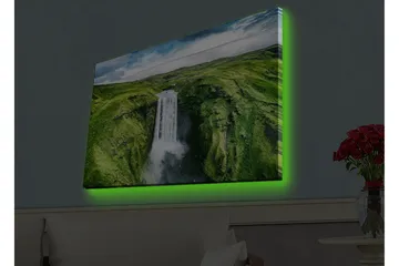Canvastavla med LED-belysning - Vacker vattenfall i en grönskande dalgång - Grön / Vit / Blå - Inredning - Tavlor & posters - Canvastavla