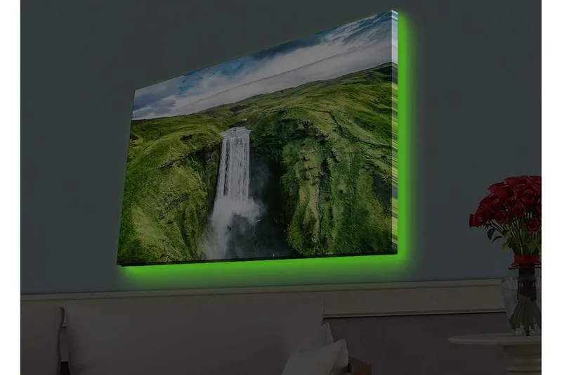 Canvastavla med LED-belysning - Vacker vattenfall i en grönskande dalgång - Grön / Vit / Blå - Inredning - Tavlor & posters - Canvastavla