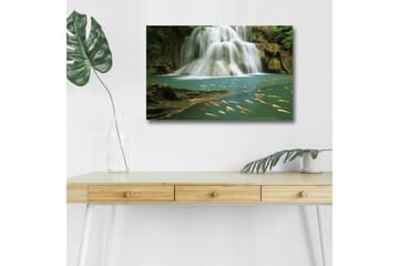 Canvastavla med LED-belysning - Vacker vattenfall med simmande karpar i klart vatten - Turkos / Grön / Orange - Inredning - Tavlor & posters - Canvastavla