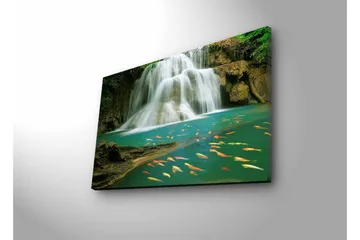 Canvastavla med LED-belysning - Vacker vattenfall med simmande karpar i klart vatten - Turkos / Grön / Orange - Inredning - Tavlor & posters - Canvastavla
