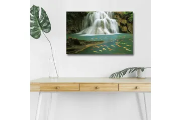 Canvastavla med LED-belysning - Vacker vattenfall med simmande karpar i klart vatten - Turkos / Grön / Orange - Inredning - Tavlor & posters - Canvastavla