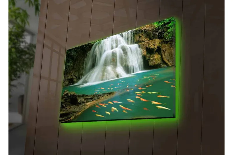 Canvastavla med LED-belysning - Vacker vattenfall med simmande karpar i klart vatten - Turkos / Grön / Orange - Inredning - Tavlor & posters - Canvastavla
