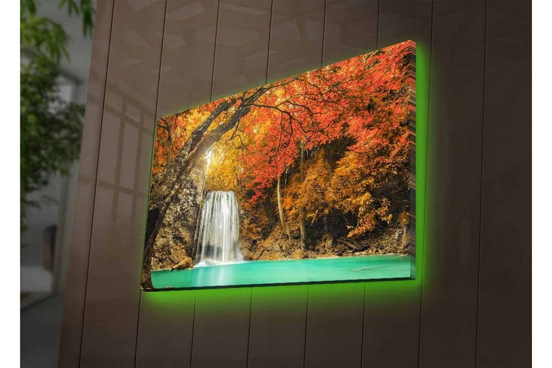 Canvastavla med LED-belysning - Vacker vattenfall omgiven av höstfärgade träd - Orange / Grön / Brun - Inredning - Tavlor & posters - Canvastavla