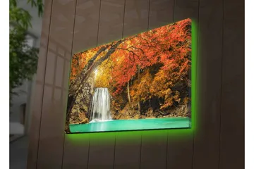 Canvastavla med LED-belysning - Vacker vattenfall omgiven av höstfärgade träd - Orange / Grön / Brun - Inredning - Tavlor & posters - Canvastavla