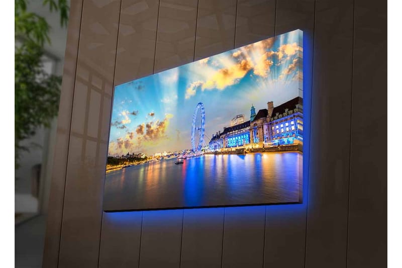 Canvastavla med LED-belysning - Vacker vy över en stad vid vattnet med ett stort pariserhjul och färgglada byggnader - Blå / Gul / Vit - Inredning - Tavlor & posters - Canvastavla