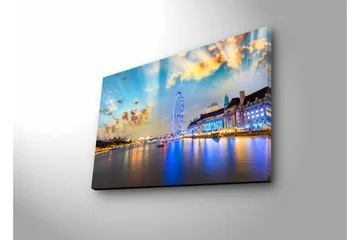 Canvastavla med LED-belysning - Vacker vy över en stad vid vattnet med ett stort pariserhjul och färgglada byggnader - Blå / Gul / Vit - Inredning - Tavlor & posters - Canvastavla