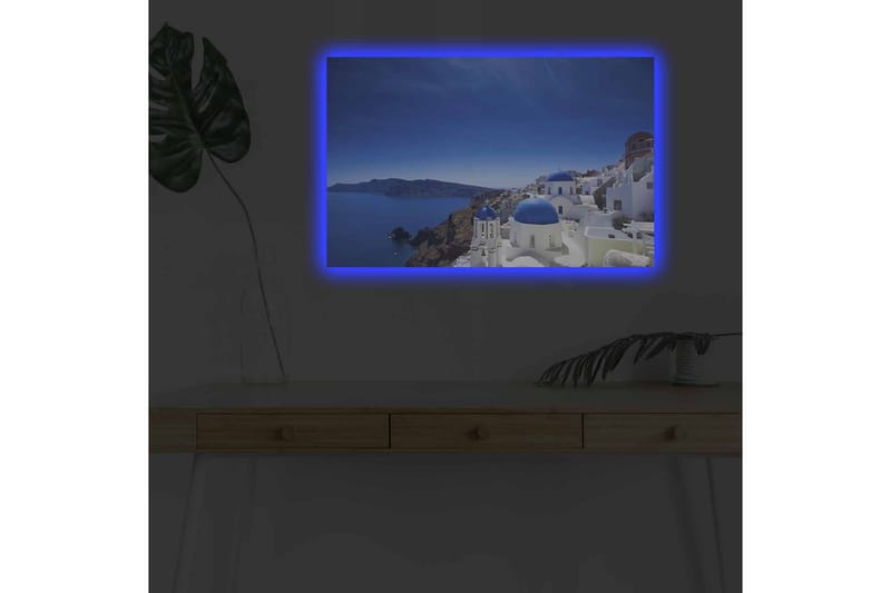 Canvastavla med LED-belysning - Vacker vy över Santorini med vita hus och blå kupoler - Blå / Vit - Inredning - Tavlor & posters - Canvastavla
