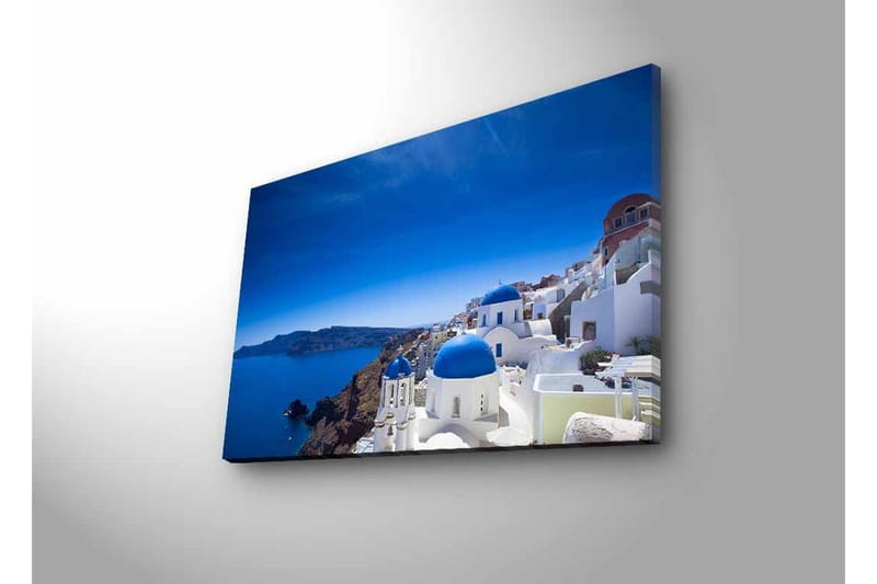 Canvastavla med LED-belysning - Vacker vy över Santorini med vita hus och blå kupoler - Blå / Vit - Inredning - Tavlor & posters - Canvastavla