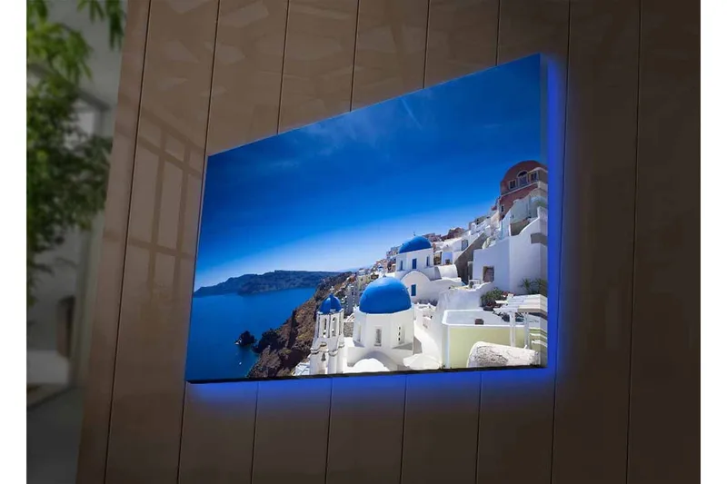 Canvastavla med LED-belysning - Vacker vy över Santorini med vita hus och blå kupoler - Blå / Vit - Inredning - Tavlor & posters - Canvastavla