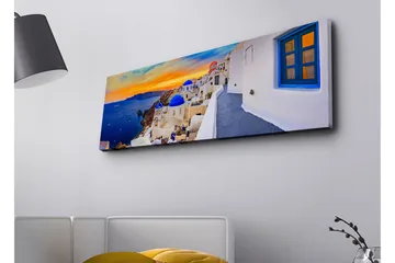 Canvastavla med LED-belysning - Vacker vy över vita hus med blå kupoler mot havet och en färgsprakande solnedgång - Blå / Vit / Orange - Inredning - Tavlor & posters - Canvastavla