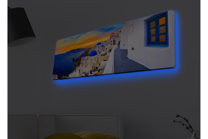 Canvastavla med LED-belysning - Vacker vy över vita hus med blå kupoler mot havet och en färgsprakande solnedgång - Blå / Vit / Orange - Inredning - Tavlor & posters - Canvastavla