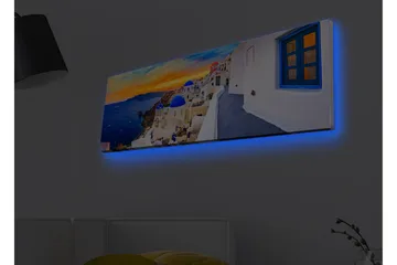 Canvastavla med LED-belysning - Vacker vy över vita hus med blå kupoler mot havet och en färgsprakande solnedgång - Blå / Vit / Orange - Inredning - Tavlor & posters - Canvastavla