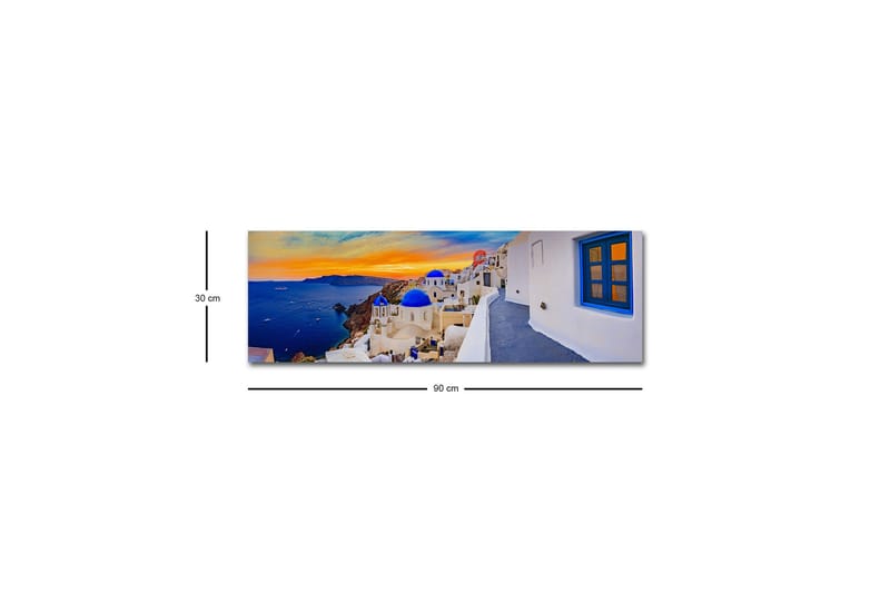 Canvastavla med LED-belysning - Vacker vy över vita hus med blå kupoler mot havet och en färgsprakande solnedgång - Blå / Vit / Orange - Inredning - Tavlor & posters - Canvastavla