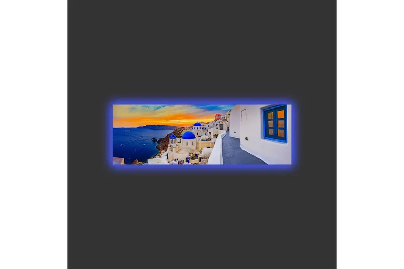 Canvastavla med LED-belysning - Vacker vy över vita hus med blå kupoler mot havet och en färgsprakande solnedgång - Blå / Vit / Orange - Inredning - Tavlor & posters - Canvastavla