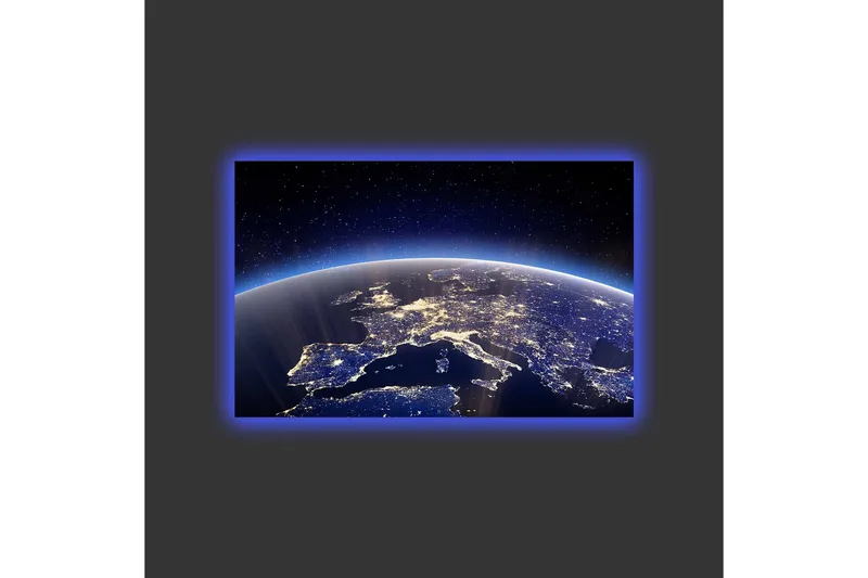 Canvastavla med LED-belysning - Vacker vy av jorden med Europa belyst av stjärnor och stadsljus - Mörkblå / Ljusblå / Vit - Inredning - Tavlor & posters - Canvastavla