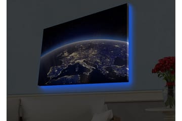 Canvastavla med LED-belysning - Vacker vy av jorden med Europa belyst av stjärnor och stadsljus - Mörkblå / Ljusblå / Vit - Inredning - Tavlor & posters - Canvastavla