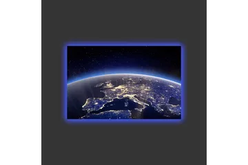 Canvastavla med LED-belysning - Vacker vy av jorden med Europa belyst av stjärnor och stadsljus - Mörkblå / Ljusblå / Vit - Inredning - Tavlor & posters - Canvastavla