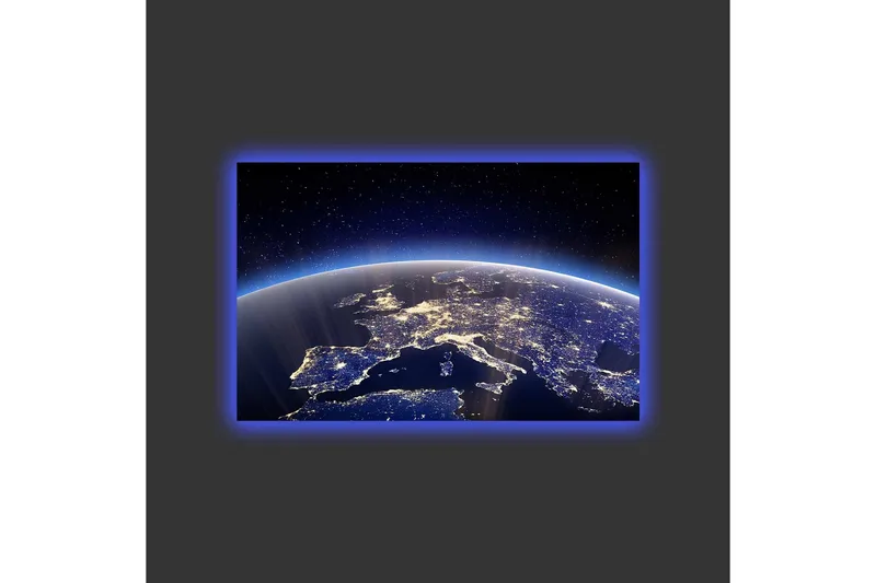 Canvastavla med LED-belysning - Vacker vy av jorden med Europa belyst av stjärnor och stadsljus - Mörkblå / Ljusblå / Vit - Inredning - Tavlor & posters - Canvastavla