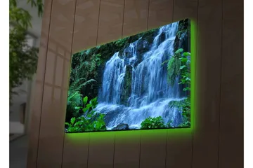 Canvastavla med LED-belysning - Vattenfall omgiven av frodig grönska - Grön / Blå / Vit - Inredning - Tavlor & posters - Canvastavla