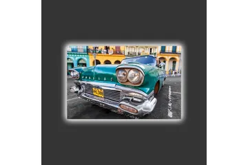 Canvastavla med LED-belysning - Vintage bil i retro stil med en grön nyans - Grön / Silver / Svart - Inredning - Tavlor & posters - Canvastavla