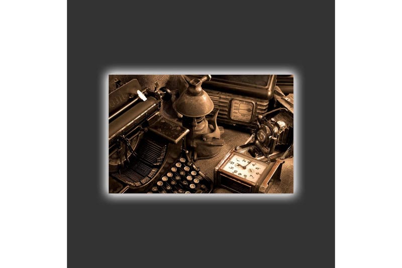 Canvastavla med LED-belysning - Vintage skrivmaskin och gamla föremål i en nostalgisk komposition - Brun / Svart / Beige - Inredning - Tavlor & posters - Canvastavla