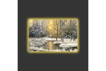 Canvastavla med LED-belysning - Vinterlandskap med snöklädda träd och en stilla å - Vit / Ljusblå / Grön - Inredning - Tavlor & posters - Canvastavla