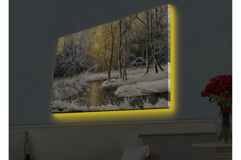 Canvastavla med LED-belysning - Vinterlandskap med snöklädda träd och en stilla å - Vit / Ljusblå / Grön - Inredning - Tavlor & posters - Canvastavla