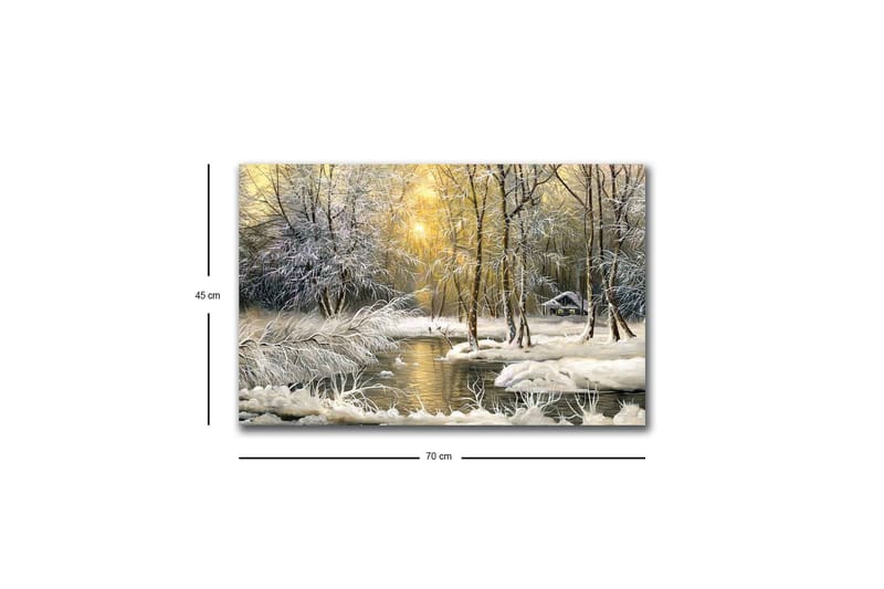 Canvastavla med LED-belysning - Vinterlandskap med snöklädda träd och en stilla å - Vit / Ljusblå / Grön - Inredning - Tavlor & posters - Canvastavla