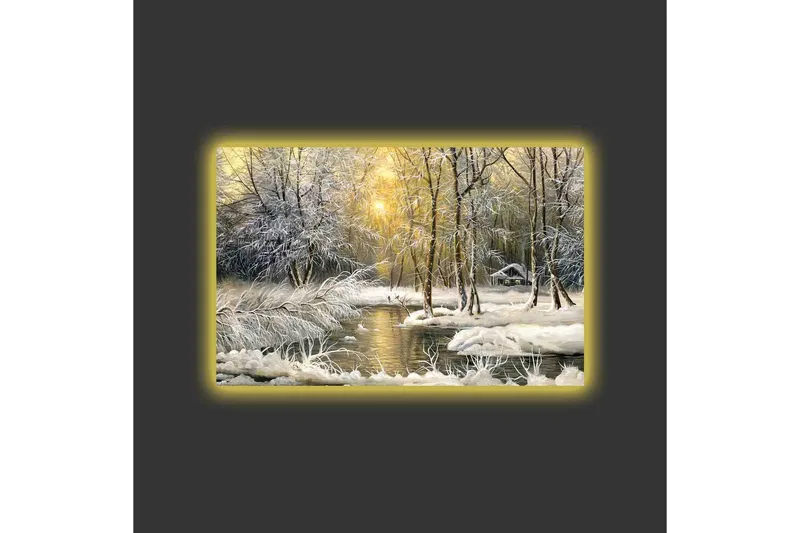 Canvastavla med LED-belysning - Vinterlandskap med snöklädda träd och en stilla å - Vit / Ljusblå / Grön - Inredning - Tavlor & posters - Canvastavla