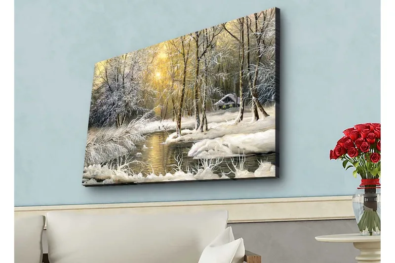 Canvastavla med LED-belysning - Vinterlandskap med snöklädda träd och en stilla å, Vit / Ljusblå / Grön