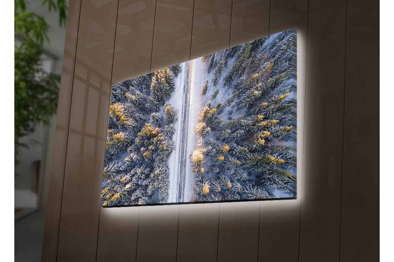 Canvastavla med LED-belysning - Vinterlandskap med snötäckta träd och en väg som sträcker sig genom skogen - Grå / Grön / Gul - Inredning - Tavlor & posters - Canvastavla