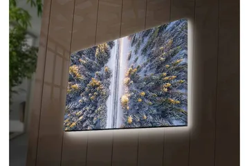 Canvastavla med LED-belysning - Vinterlandskap med snötäckta träd och en väg som sträcker sig genom skogen - Grå / Grön / Gul - Inredning - Tavlor & posters - Canvastavla