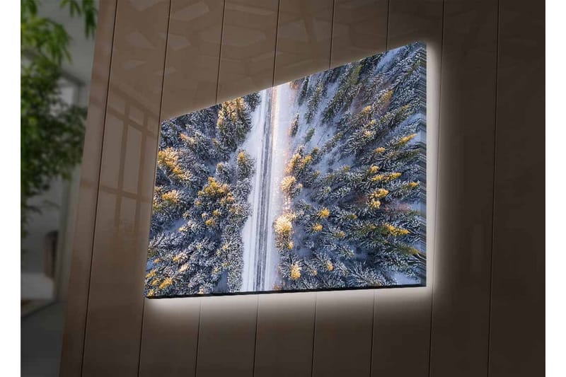 Canvastavla med LED-belysning - Vinterlandskap med snötäckta träd och en väg som sträcker sig genom skogen - Grå / Grön / Gul - Inredning - Tavlor & posters - Canvastavla