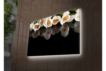 Canvastavla med LED-belysning - Vit blomsterbukett med reflektion på svart bakgrund - Vit / Orange / Grön - Inredning - Tavlor & posters - Canvastavla