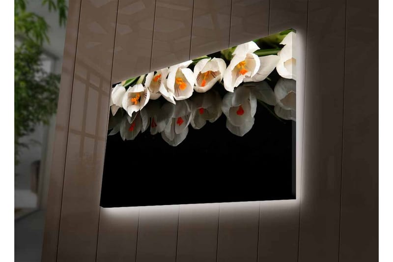 Canvastavla med LED-belysning - Vit blomsterbukett med reflektion på svart bakgrund - Vit / Orange / Grön - Inredning - Tavlor & posters - Canvastavla