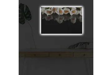 Canvastavla med LED-belysning - Vit blomsterbukett med reflektion på svart bakgrund - Vit / Orange / Grön - Inredning - Tavlor & posters - Canvastavla