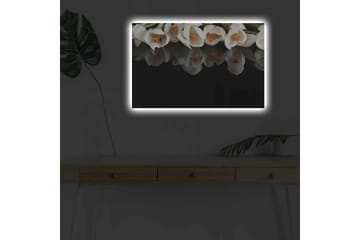 Canvastavla med LED-belysning - Vit blomsterbukett med reflektion på svart bakgrund - Vit / Orange / Grön - Inredning - Tavlor & posters - Canvastavla