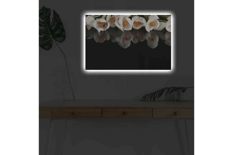 Canvastavla med LED-belysning - Vit blomsterbukett med reflektion på svart bakgrund - Vit / Orange / Grön - Inredning - Tavlor & posters - Canvastavla