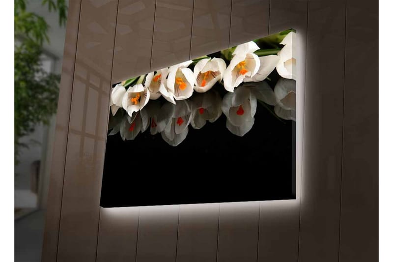 Canvastavla med LED-belysning - Vit blomsterbukett med reflektion på svart bakgrund - Vit / Orange / Grön - Inredning - Tavlor & posters - Canvastavla