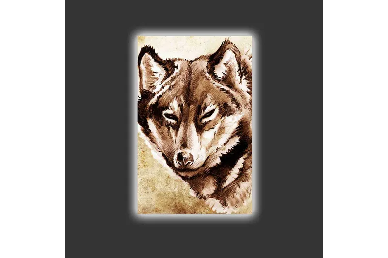 Canvastavla med LED-belysning - Porträtt av en varg med fokuserad blick - Brun / Beige - Inredning - Tavlor & posters - Canvastavla