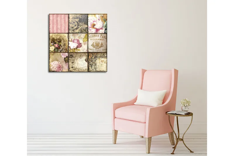 Canvastavla - Mosaik av vintage-inspirerade mönster och blommor - Rosa / Guld / Beige - Inredning - Tavlor & posters - Canvastavla